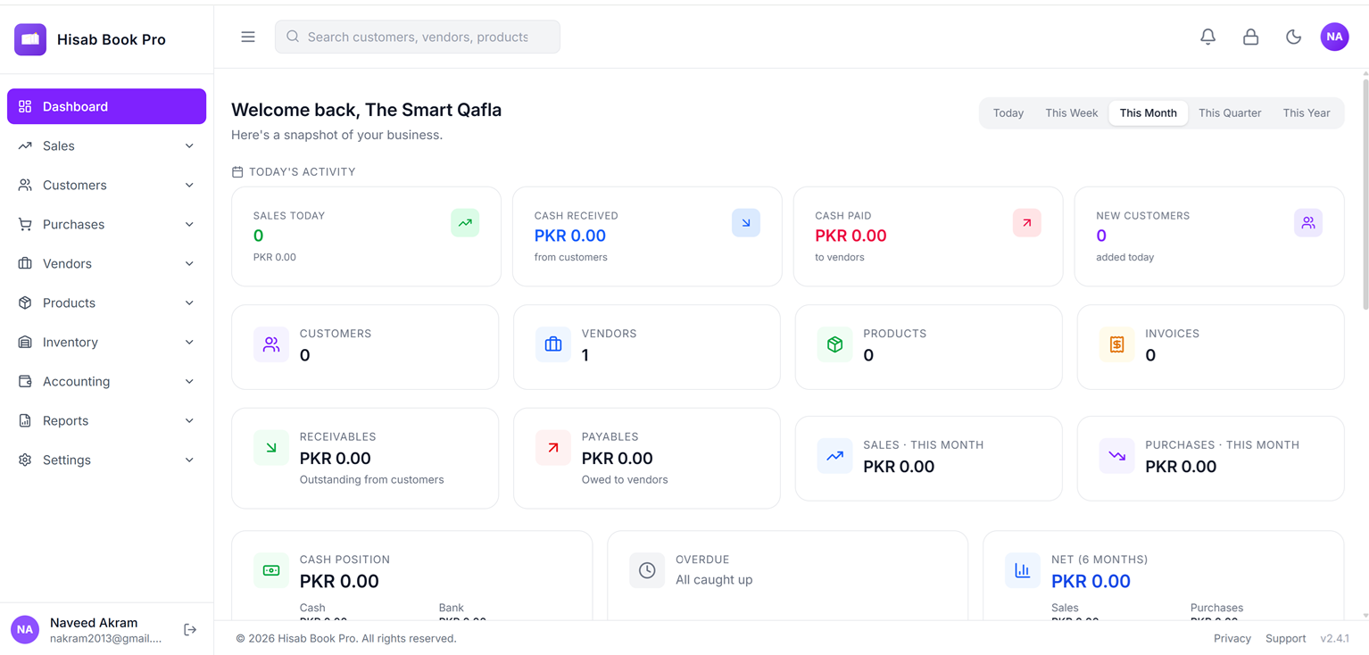 Hisab Book Pro dashboard — sales, receivables, payables, and stock at a glance